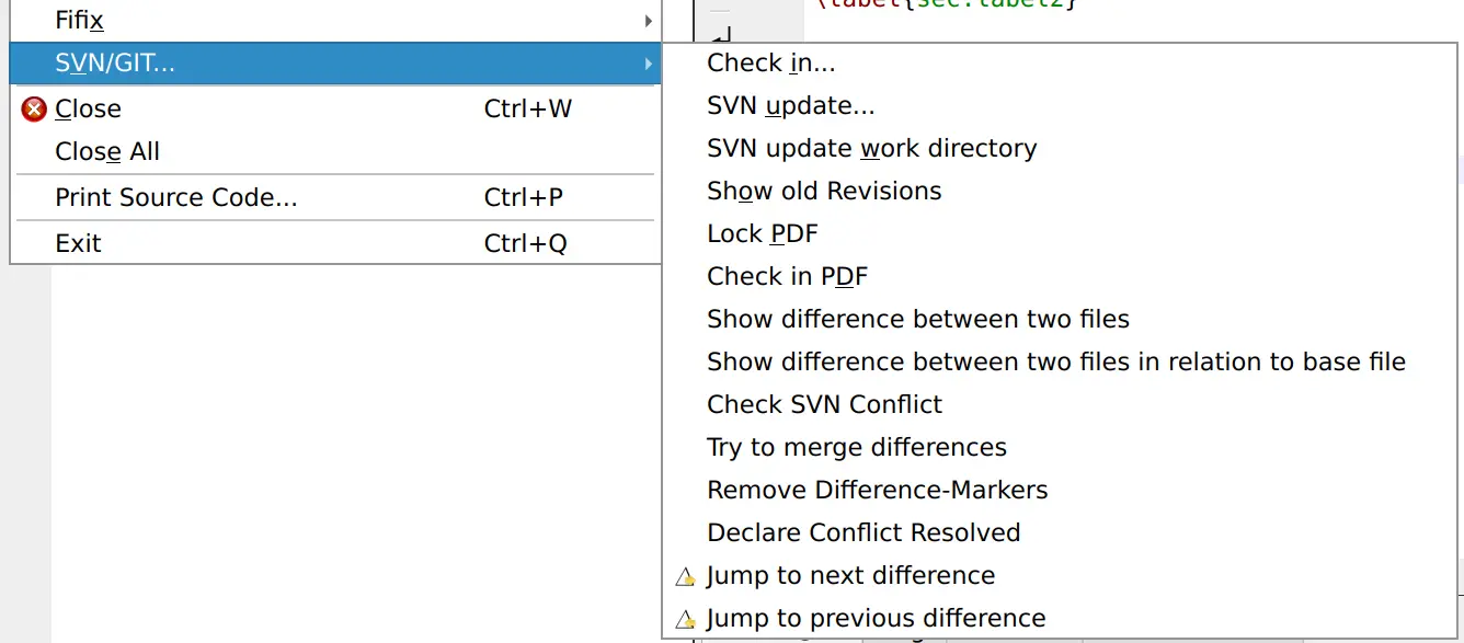 Menu SVN/GIT